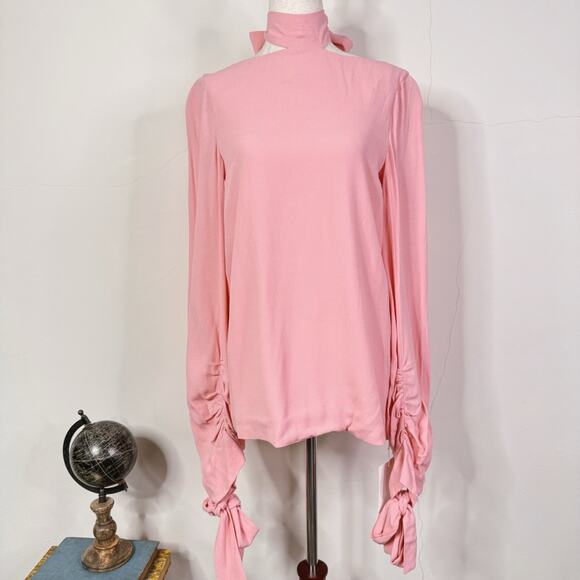 Rosetta Getty Pink Tie-Neck Ruched Sleeve Top Size 4 NWT Modern Romantic - Picture 1 of 11